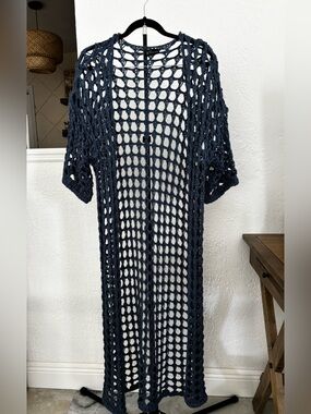 New Collection Navy Blue Crochet Open-Knit Long Duster Cardigan One Size